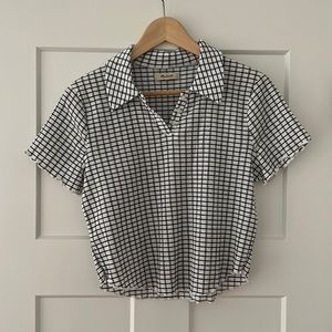Madewell crinkle textured plaid cropped polo with ruffle sleeves